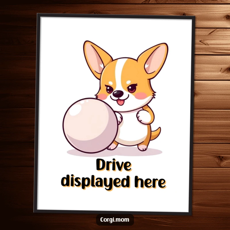 Funny digital art print of a determined Corgi intently pushing a large bouncy ball, bringing focus and playful ambition.