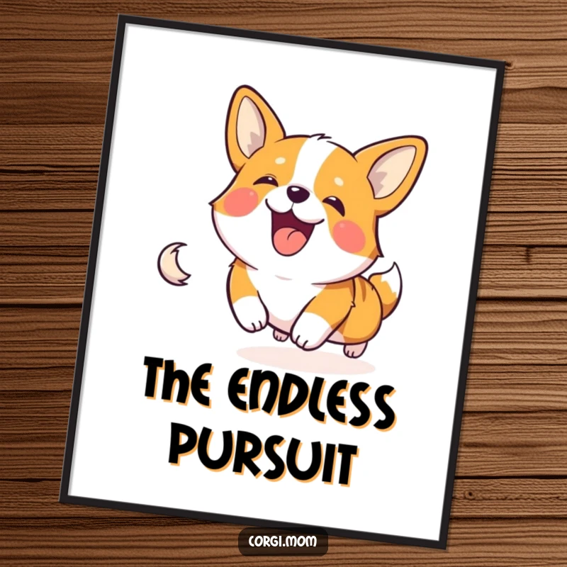 Funny and happy Corgi character gleefully chasing its tail, ready to print as instant digital dog wall art.