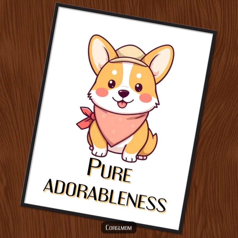 Funny Kawaii Corgi Digital Art print of a sweet corgi wearing a bandana and a cute hat, ready to be framed.