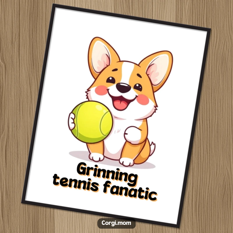 Funny Kawaii Corgi Digital Art Print of a dog with a grin and tennis ball, perfect for printable wall decor and humorous accents.