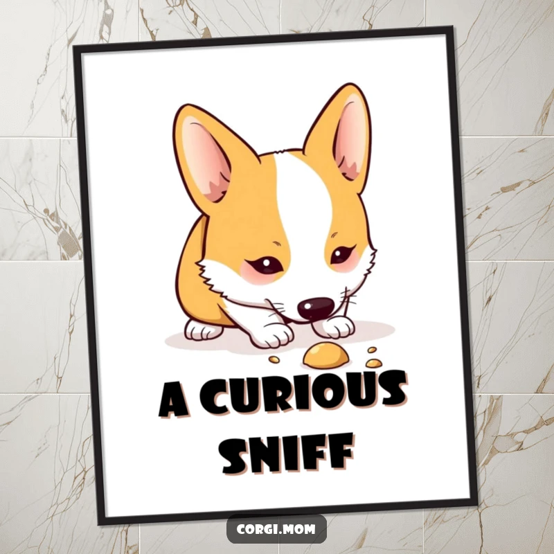 Funny Kawaii Corgi digital art print of a cute dog curiously sniffing the ground, ready for instant download and display.