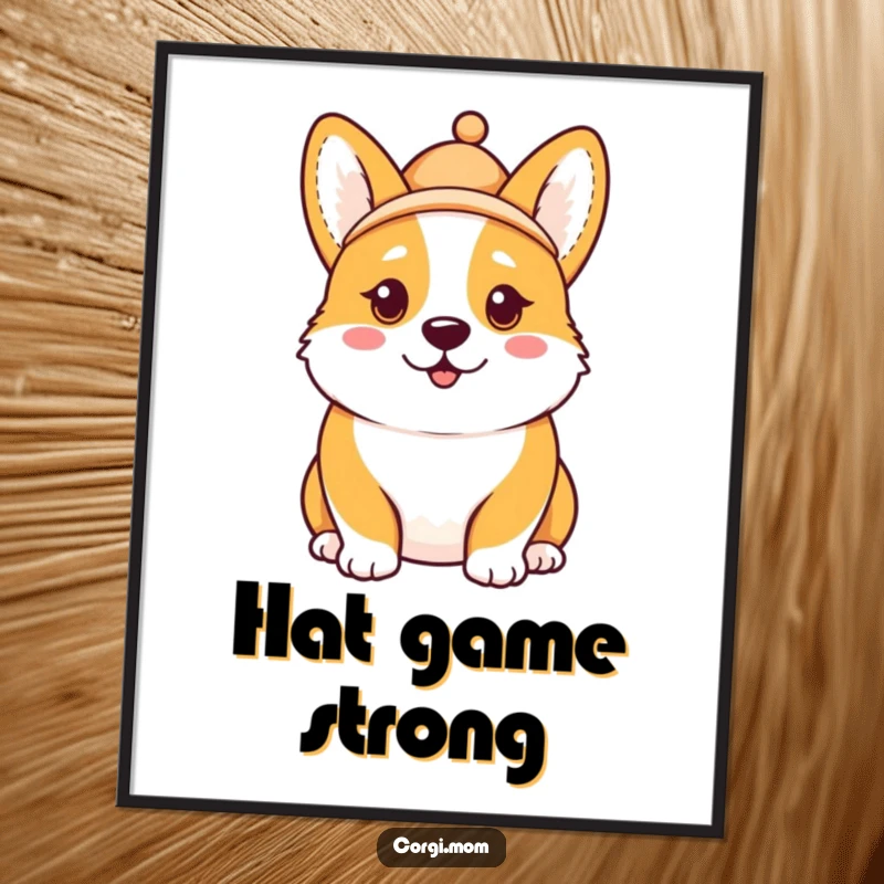 Funny Kawaii Corgi digital art print, comical expression, miniature hat askew, exuding playful charm and humorous style.