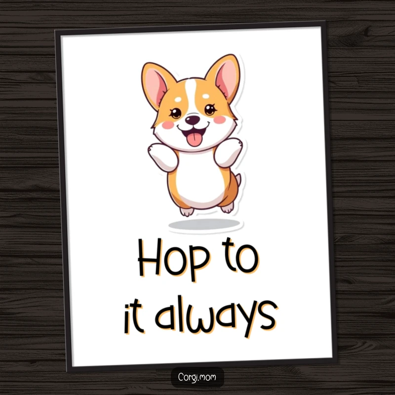 Funny kawaii Corgi performs a joyful hop using its short legs, depicted in a downloadable art print for instant cheer.