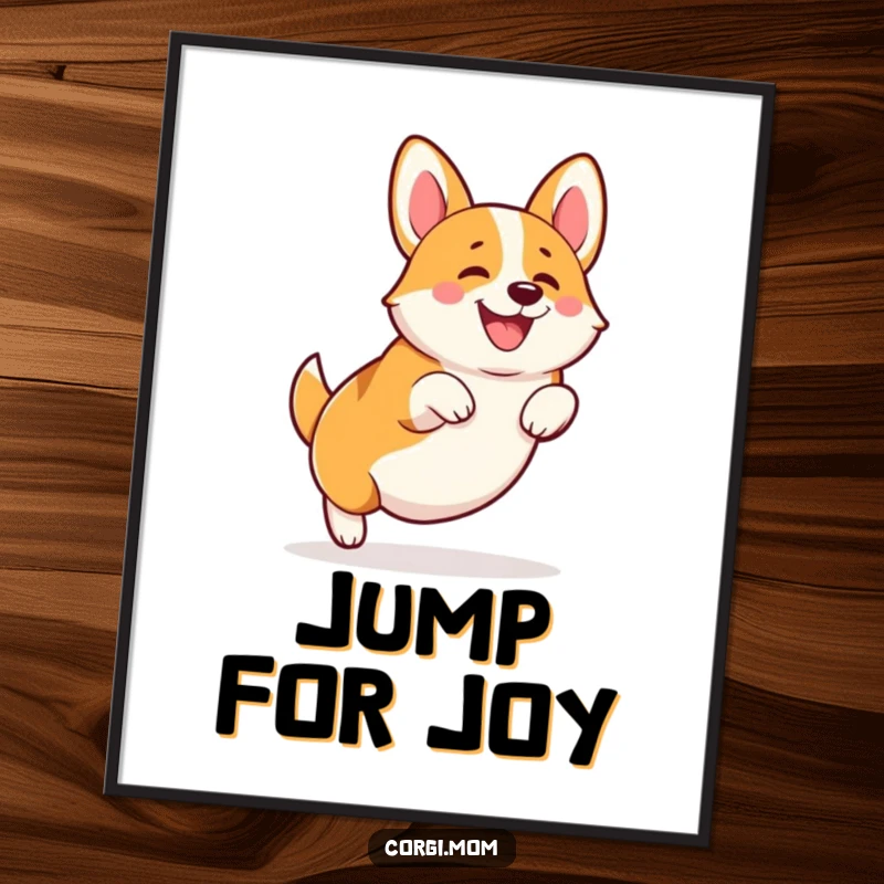 Funny Kawaii Corgi digital art print, shown in a happy squatting leap with stubby legs, radiating energy and cheerfulness.