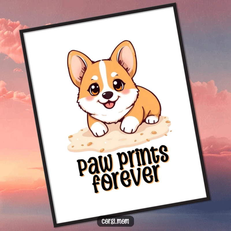 Funny Kawaii Corgi digital art print, bright happy eyes, playfully digging in soft sand, exuding joyful beachside humor.