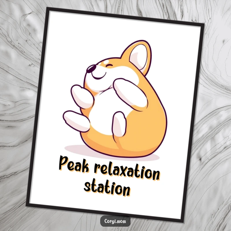 Funny Corgi rolling on its back with ecstatic delight, a digital art print conveying pure canine joy and humor.