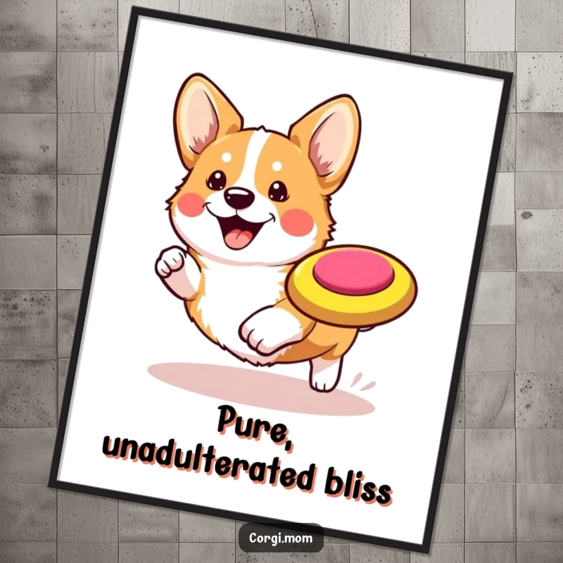 Funny Kawaii Corgi Digital Art Print: A high-resolution image of a happy Corgi leaping for a frisbee.