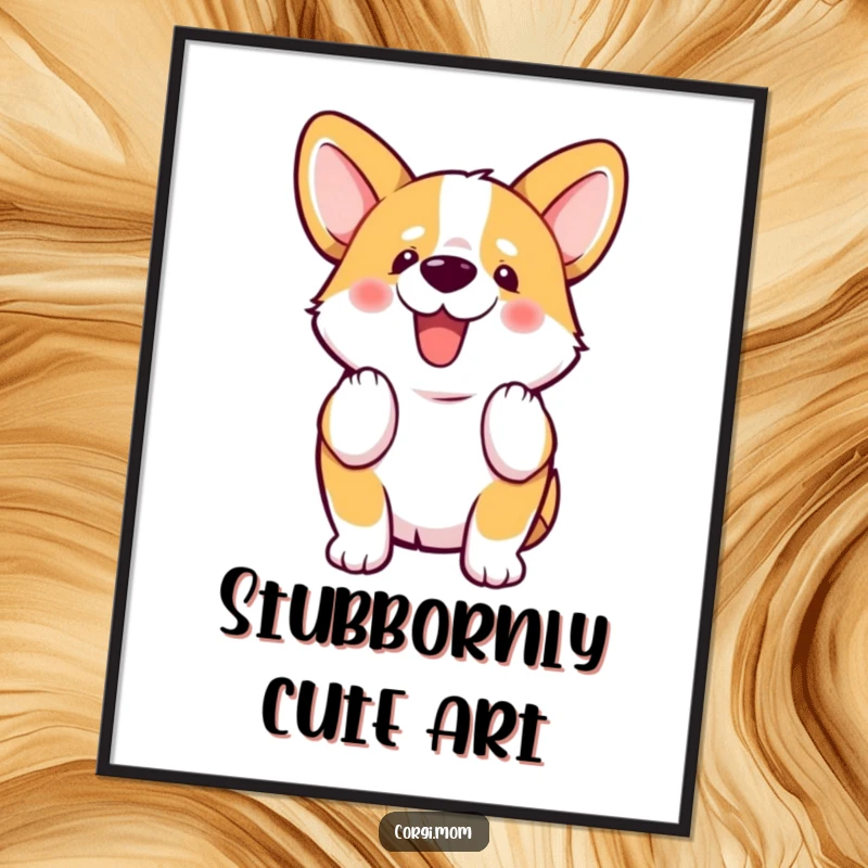 Funny kawaii Corgi enthusiastically wiggles its stubby tail, depicted in a downloadable art print for instant cheer.