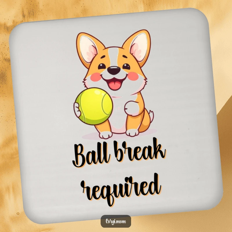 Funny Kawaii Corgi Coaster set with a dog, grin, and tennis ball, adding humorous charm and surface protection.