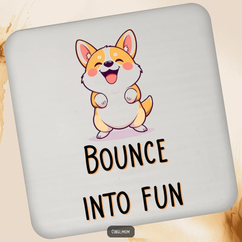 Funny cute Corgi drink coaster performing a joyful, squatting bounce. Perfect for tabletop humor and a funny gift.