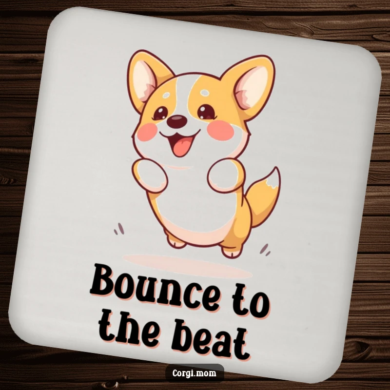 Funny Kawaii Corgi Coaster depicting an energetic Corgi dog enthusiastically attempting a playful jump, serving as humorous drink protection.