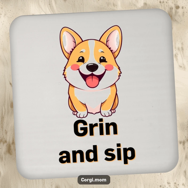Funny Drink Coasters displaying a cheerful Kawaii Corgi with a wide, hilarious grin, perfect for adding smiles to any setting.
