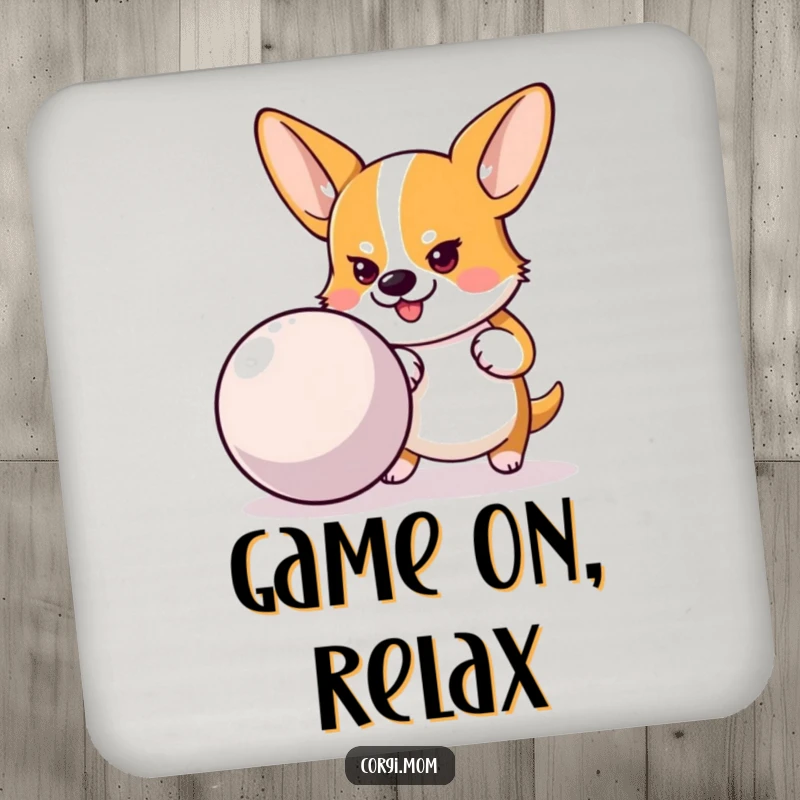 Funny drink coasters of a determined Corgi pushing a large bouncy ball, adding purpose and humor to any surface.