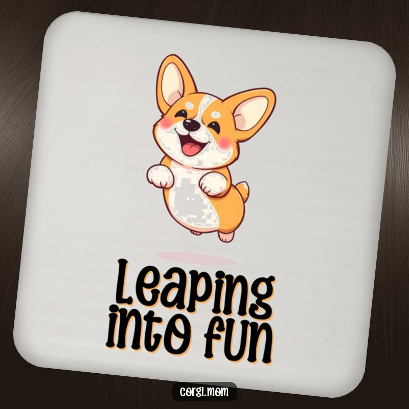Playful Corgi with large ears doing a funny low jump, depicted on a decorative drink coaster.