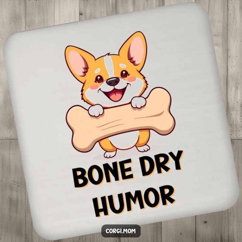 Funny Corgi drink coaster with a happy dog peeking from behind a bone. Perfect for table protection and a funny gift.