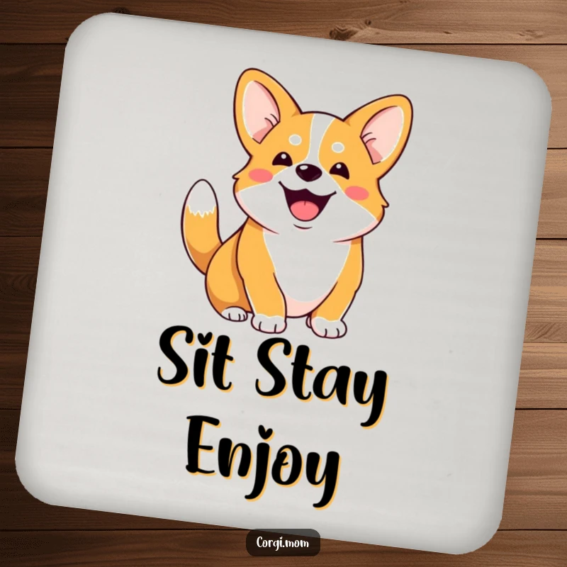 Funny Corgi coaster set with a gleeful Corgi and a wagging stubby tail, protecting surfaces with humor.