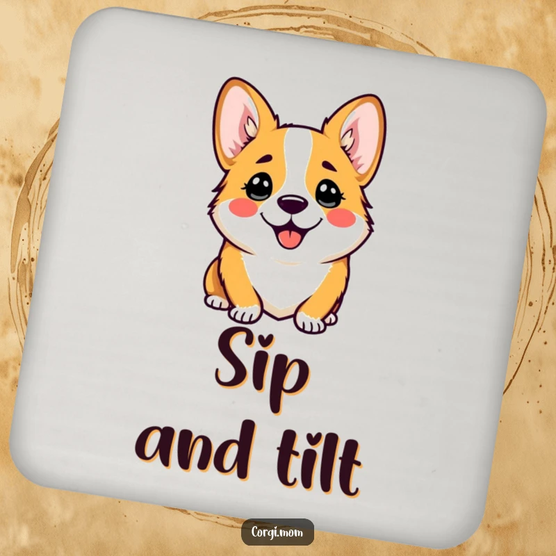 Funny coasters featuring a kawaii corgi with a comical, happy head tilt, perfect for adding a touch of adorable decor.