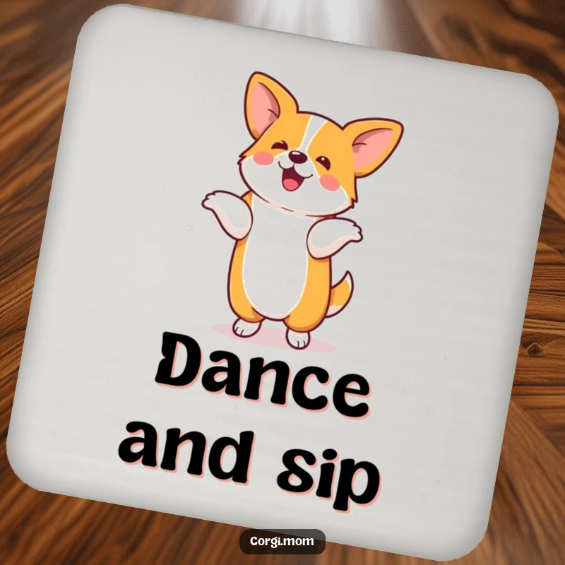 Funny coasters featuring a kawaii corgi performing a silly dance on its hind legs, perfect for adding a playful touch.