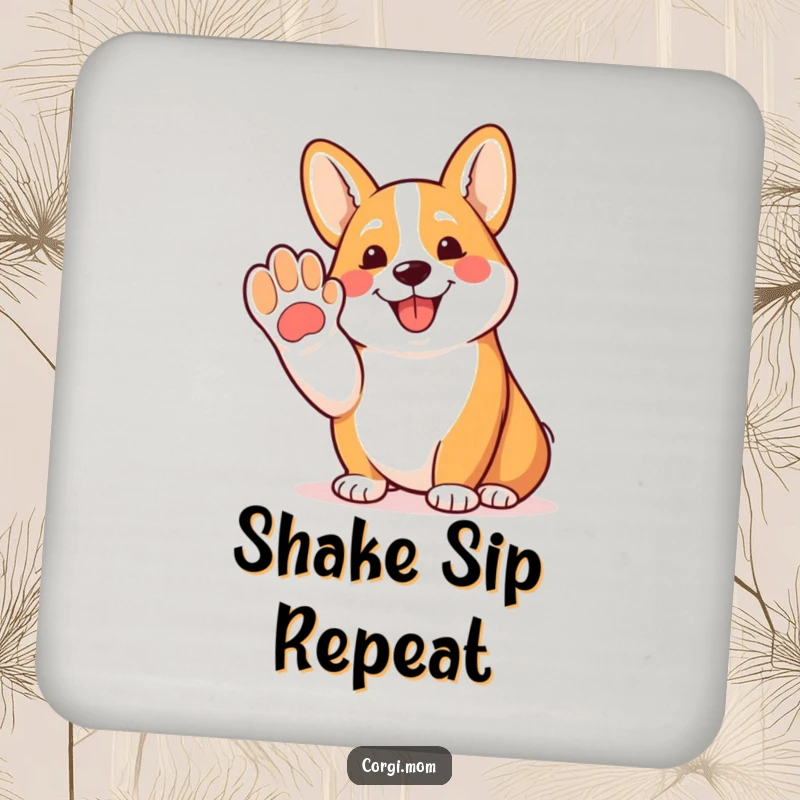 Funny Corgi coaster set with a happy Corgi offering a friendly paw and panting, protecting surfaces with humor.