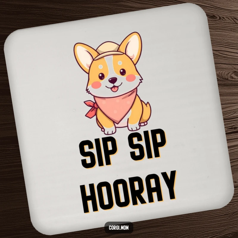 Funny Kawaii Corgi Coaster displaying a delightful corgi adorned with a bandana and a cute little hat.