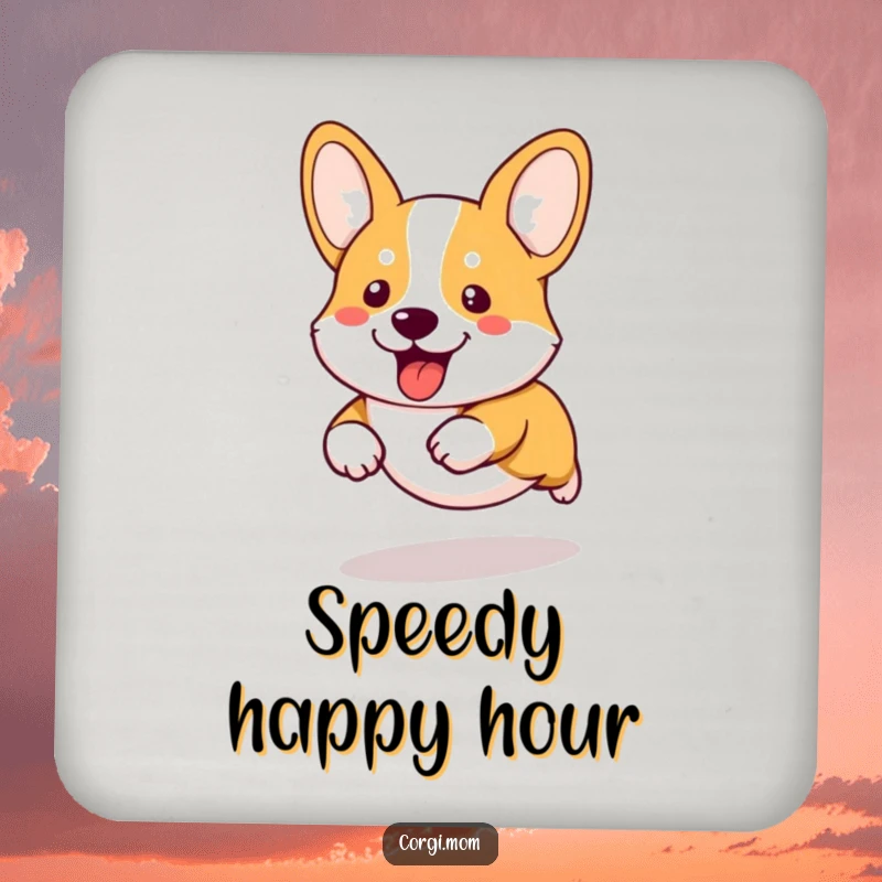 Funny kawaii corgi with incredibly short legs running across a coaster, providing a humorous and protective barrier.