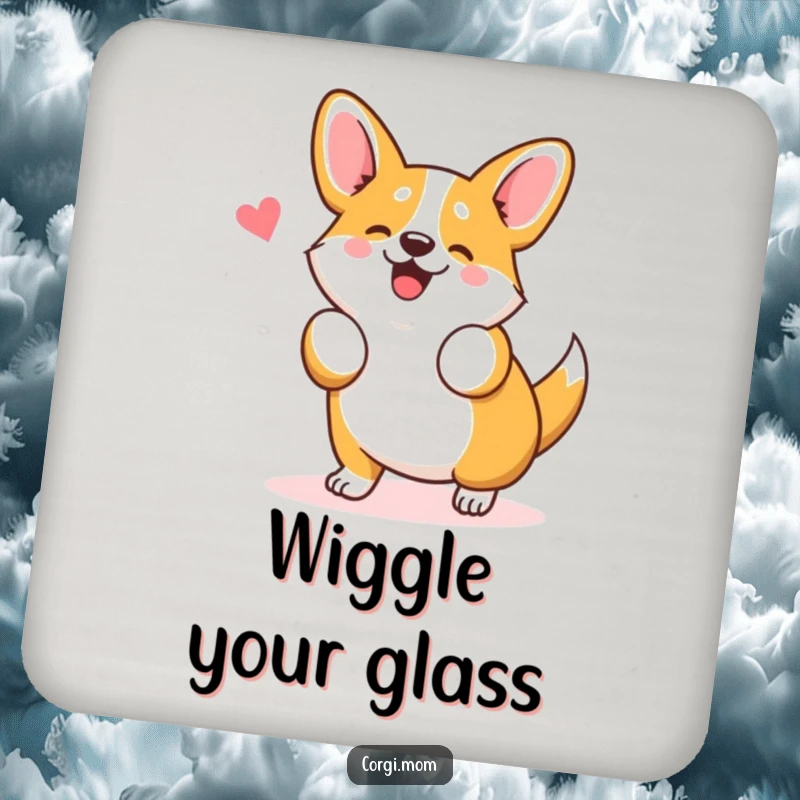 Funny Kawaii Corgi Coaster showing a cute Corgi dog doing a silly wiggle dance, offering humorous drink protection.