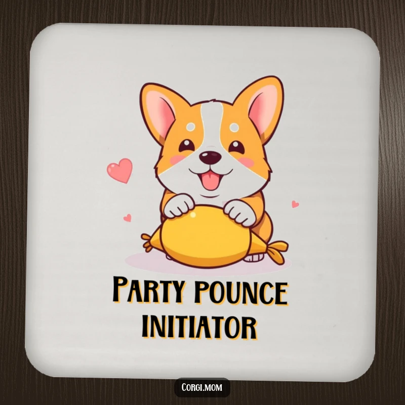 Funny kawaii corgi captured mid-pounce on a squeaky toy, offering a humorous and protective element on a drink coaster.