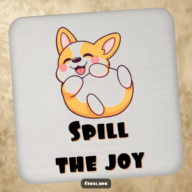 Funny Kawaii Corgi Drink Coaster, protecting tables with adorable humor, shows a Corgi rolling with pure joy. A practical and funny accessory.