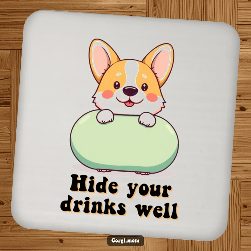 Funny kawaii Corgi peeks cheekily from behind a giant squeaky toy on this protective and decorative drink coaster.