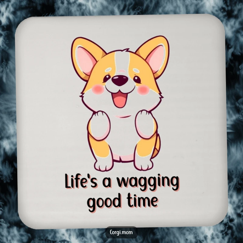 Funny kawaii Corgi wiggles its stubby tail with glee on this protective and decorative drink coaster.