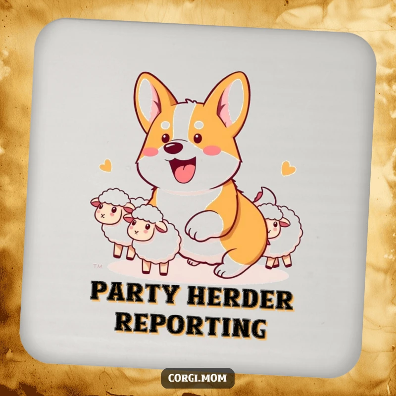 Funny Kawaii Corgi Coaster displaying an enthusiastic corgi intensely herding a group of imaginary sheep.