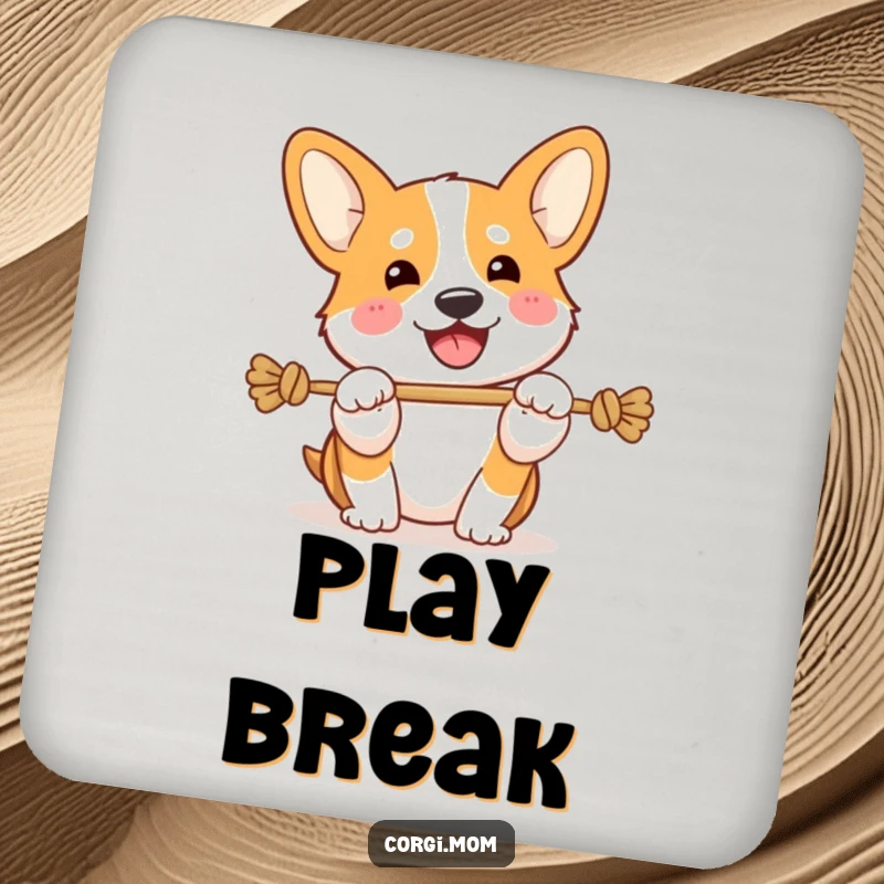 Funny Kawaii Corgi drink coasters, playing tug-of-war with a happy snort, humorous and protective.
