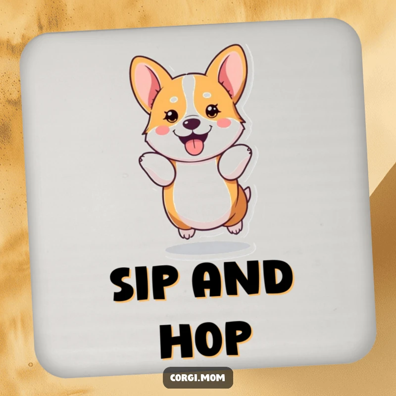 Funny kawaii Corgi performs a joyful hop using its short legs on this protective and decorative drink coaster.