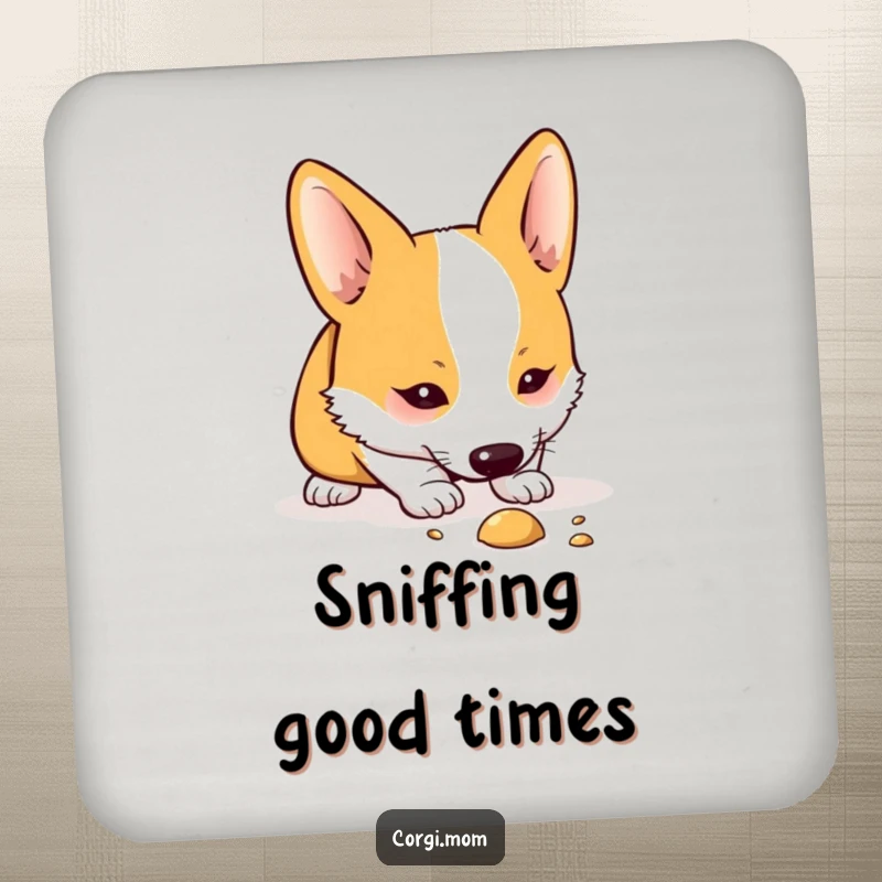 Funny Kawaii Corgi coaster featuring a cute dog curiously sniffing the ground, perfect for protecting surfaces with playful charm.