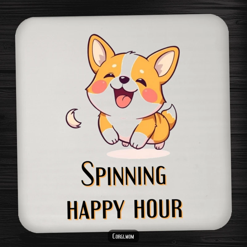 Happy Corgi character gleefully chasing its tail, depicted on a decorative drink coaster.