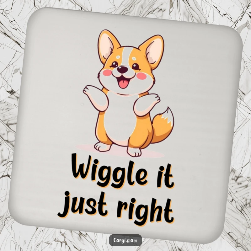 Funny Kawaii Corgi coaster showcasing a dog's happy tail shimmy, a cute and protective accessory for drinks.