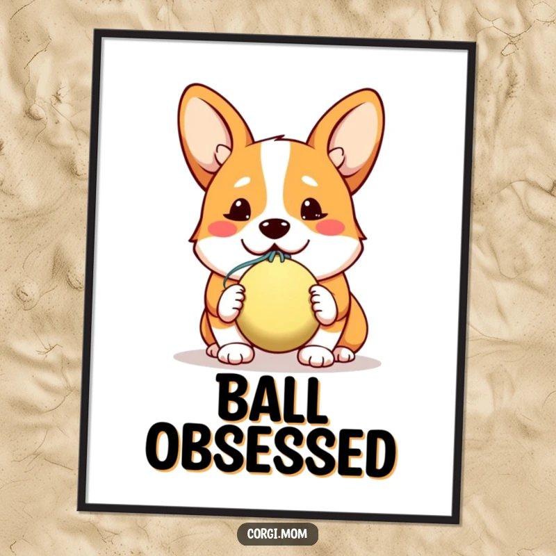 Funny poster of a kawaii corgi with a hopeful expression, offering a slobbery ball, perfect for dog-themed decor.