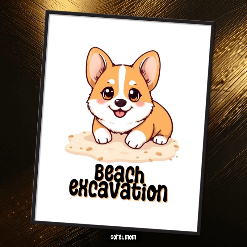 Funny Kawaii Corgi poster, bright happy eyes, playfully digging in soft sand, bringing beachside joy and humor to any space.