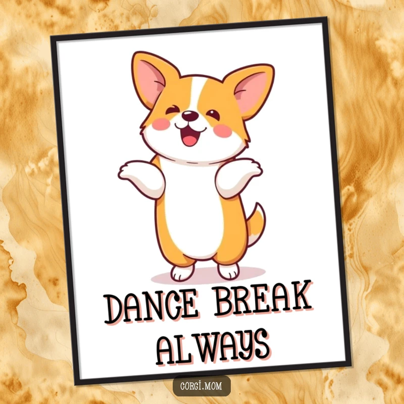 Funny poster of a kawaii corgi performing a hilarious, energetic dance on its hind legs, full of joy.