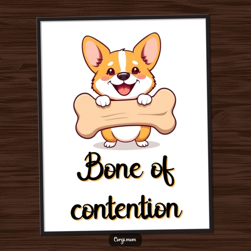 Funny Corgi poster featuring a happy dog peeking from behind a bone. Perfect for wall art and a funny gift.