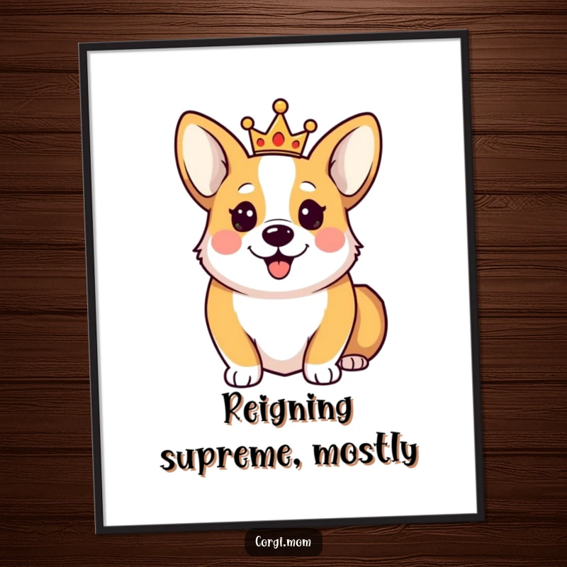 Funny Happy Corgi Poster featuring a cute Corgi dog wearing a small crown, exuding royal happiness and humorous charm.