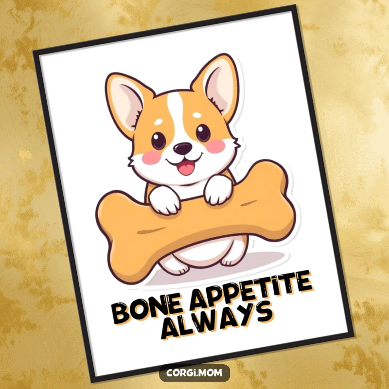 Funny Kawaii Corgi Poster depicting a cute Corgi dog peeking from behind a large bone, offering playful and humorous art.