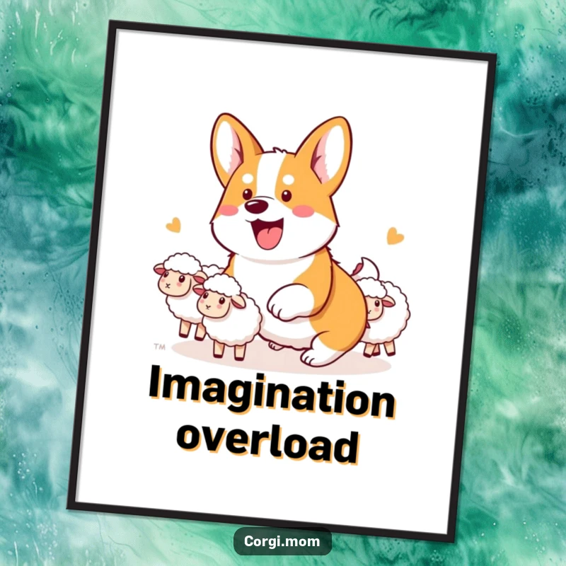 Funny Kawaii Corgi Poster art of an energetic corgi intensely herding a group of imaginary sheep with impressive focus.