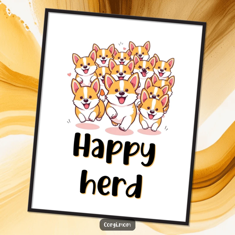 Funny Kawaii Corgi poster art of a group of dogs running in a happy, chaotic pack, radiating pure joy.