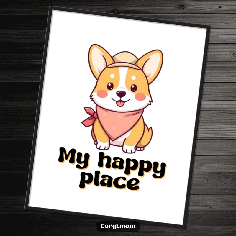 Funny Kawaii Corgi Poster art of an exceptionally cute corgi wearing a bandana and a little hat, radiating charm.