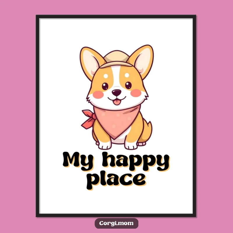 Funny Kawaii Corgi Poster: Adorable Bandana Hat Corgi Wall Art Gift