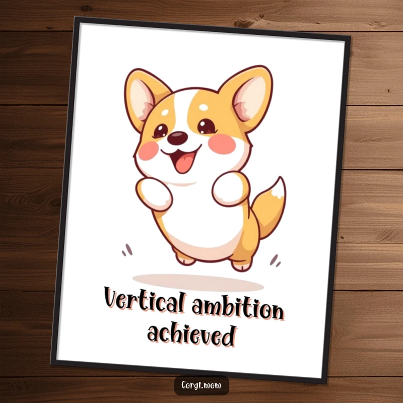 Funny Kawaii Corgi Poster capturing a cute Corgi dog enthusiastically attempting a playful jump, bringing energetic and humorous art to any room.
