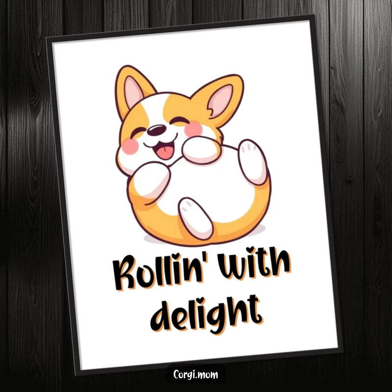 Funny Kawaii Corgi Poster, depicted rolling with immense delight, perfect for adding humor to walls. A heartwarming and funny art print.