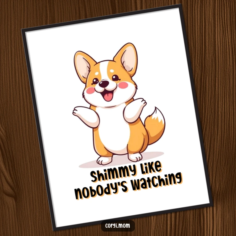 Funny Kawaii Corgi poster showing a dog in a hilarious tail shimmy pose, adding a touch of cute humor to wall decor.