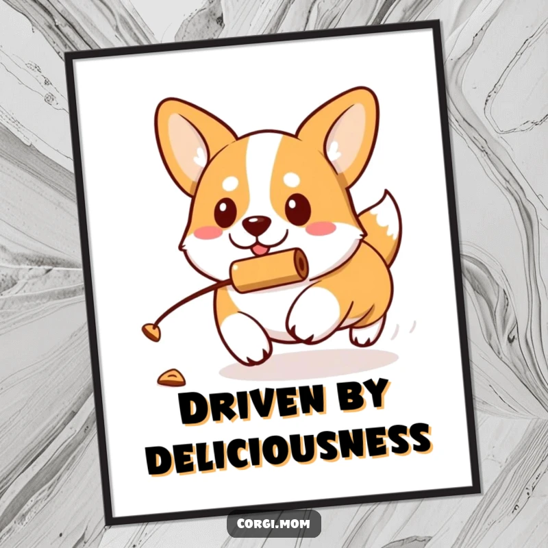 Funny kawaii Corgi with a determined expression chases a rolling treat, creating a humorous and motivational piece of wall art.